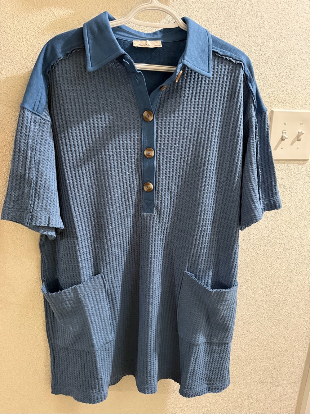 Zenana Outfitters Blue Waffle-Knit Polo Tunic with Pockets NEW